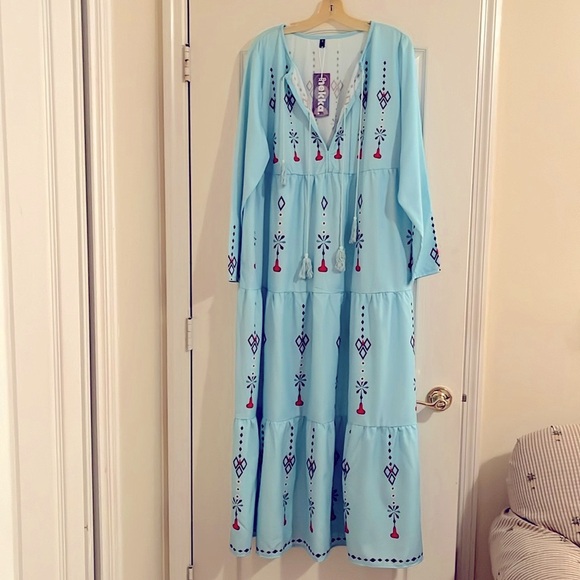NWT Maxi dress, light blue/aqua, long sleeves, v-neck w/tassels, 3X, runs small - Picture 3 of 14